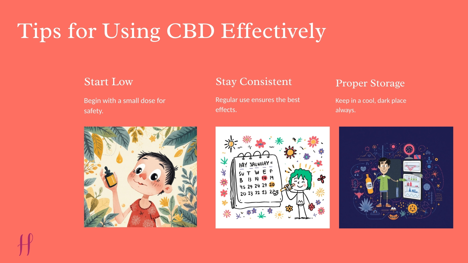 Three-panel guide: Start with low doses, maintain daily consistency, and store oil in a cool, dark place.